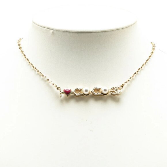 CHANEL CC Logos Pearl I LOVE COCO Red Heart Necklace 18" Gold Tone - Picture 1 of 4
